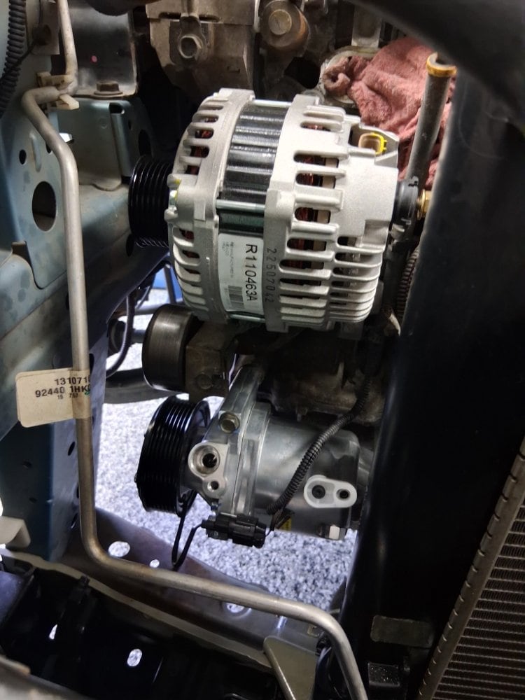 Fresh alternator in, A/C compressor below